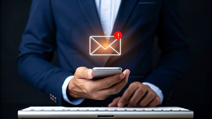 Man in suit using smartphone with email notification and keyboard