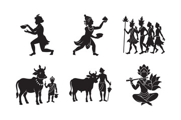 .Janmashtami concept,silhouette different pose krishna set bundle