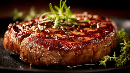 Grilled beef steak with rosemary and thyme on hot plate