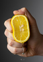 A caucasian man squeezing half a lemon with juice dripping down. Food preparation, cooking, fresh ingredients concept.