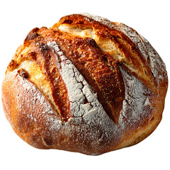 On transparent background a freshly baked round loaf of artisan sourdough bread with a golden brown crust and a