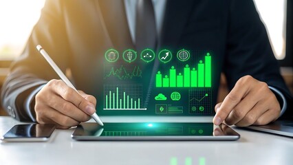 Businessman analyzing financial growth charts on a digital tablet with futuristic interface