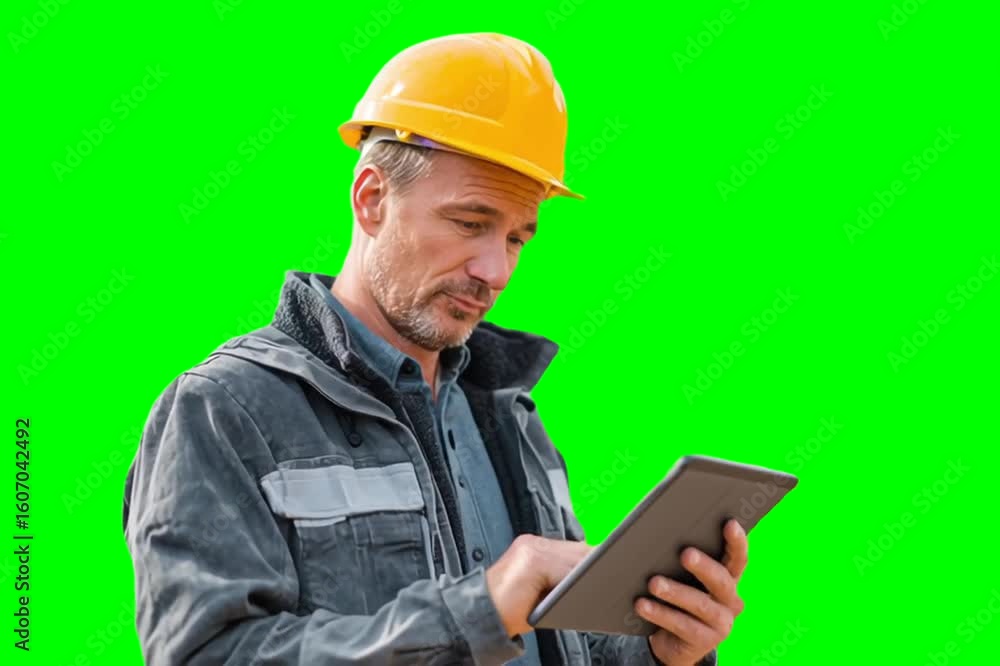 Poster civil engineer or architect on construction site checking schedule with tablet computer with green s
