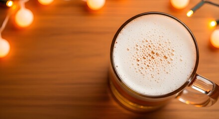 Mug with fresh beer and white foam. Banner flat lay template for advertising a bar, pub and menu with space for text and for logo or brand