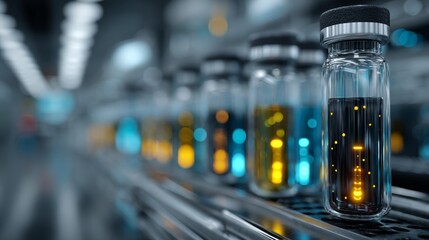 A close-up of clear glass vials filled with colorful liquids, arranged in a row on a conveyor belt in a modern laboratory or pharmaceutical production setting.