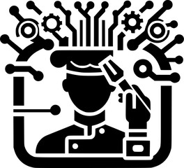 Minimalist black and white robot icon replacing human work. Clean lines, no shading. Ideal for logos, stickers, or digital use. Modern and scalable.