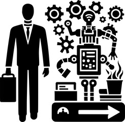 Minimalist black and white robot icon replacing human work. Clean lines, no shading. Ideal for logos, stickers, or digital use. Modern and scalable.