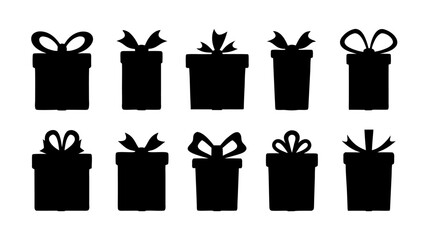  Gift boxes with ribbon icons Set. Gift box flat silhouette set.