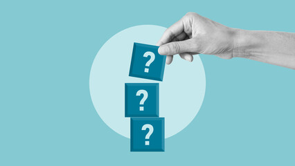 Q and A and concept of idea are shown by blocks with question marks. Questions and getting answers...