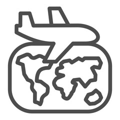 World map and plane line icon, traveler survey concept. Vector graphics. Airplane flight all over the world sign on white background, outline style icon for mobile or web design.
