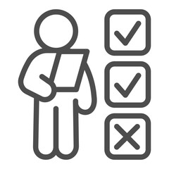 Man with questionary sheet and checkmarks line icon, traveler survey concept. Vector graphics. Traveler and checklist sign on white background, outline style icon for mobile or web design.