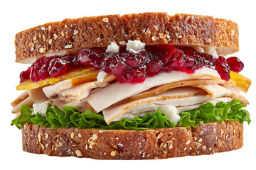 On transparent background a delicious turkey sandwich with cranberry sauce lettuce and cheese on whole wheat