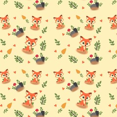 cute seamless pattern featuring cartoon foxes, leaves, carrots, mushrooms, and hearts on a light yellow background, perfect for a forest or nature-themed design.