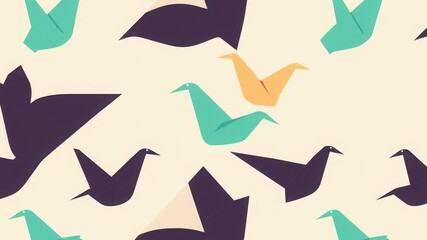 A repeating pattern of origami birds in teal yellow and dark purple on a light beige background