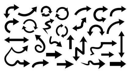 A collection of various black arrow silhouettes vector.