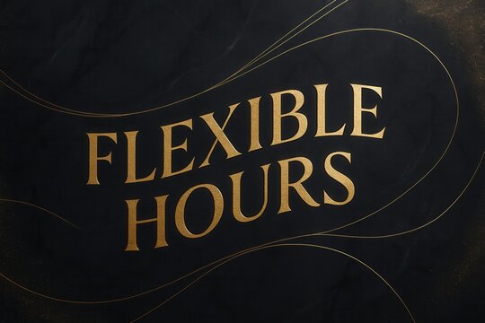 Elegant typography reading "Flexible Hours" in gold on a dark background, surrounded by smooth, flowing lines, conveying luxury and adaptability in a professional setting.