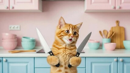 A funny ginger tabby cat with a shocked expression stands up in a cute pastel kitchen holding two big sharp knives getting ready to cook or cause some trouble - Powered by Adobe