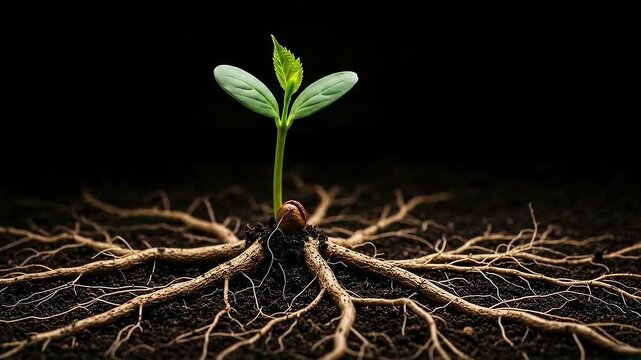 A small green sprout with fresh leaves emerges from rich dark soil with an intricate and expansive root system visible representing growth life and new beginnings