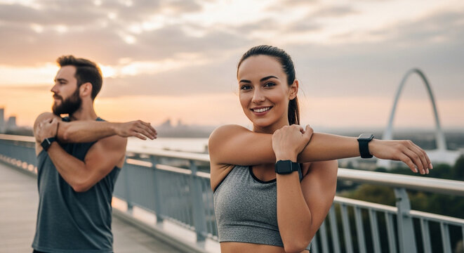 A fit couple in activewear performs pre-exercise stretches on a bridge, with a picturesque cityscape enhancing the backdrop. This image perfectly encapsulates health, fitness, and urban living. - Powered by Adobe