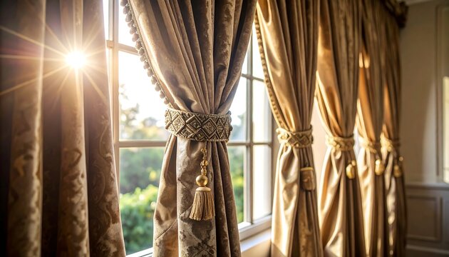 Sunlight streams through elegant window treatments creating a warm, inviting atmosphere inside