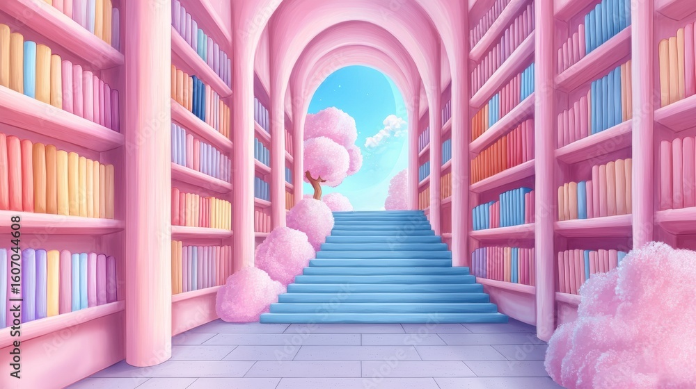 Poster dreamy pastel library with colorful books and fluffy pink trees creating a whimsical and enchanting 
