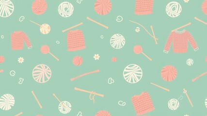 A seamless pattern of knitting elements on a light green background with a pastel color scheme
