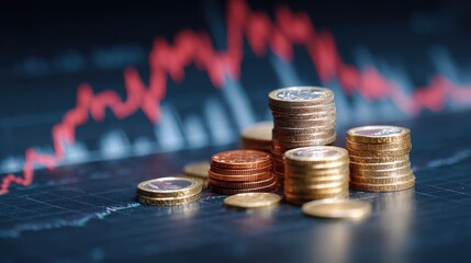 Stacked euro coins atop digital screen displaying descending red graph, symbolizing financial challenges and economic investment volatility