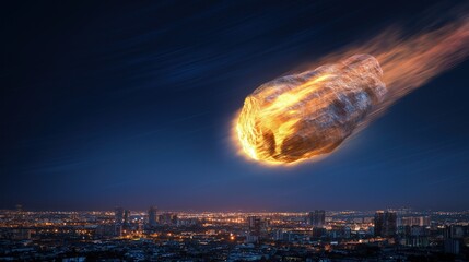 Big asteroid burning rock falling from the sky at night over cityscape