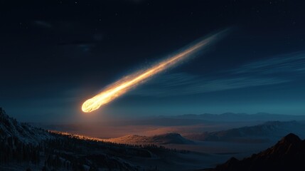 Big asteroid burning rock falling from the sky at night over landscape