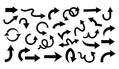 A collection of various black arrow silhouettes vector.