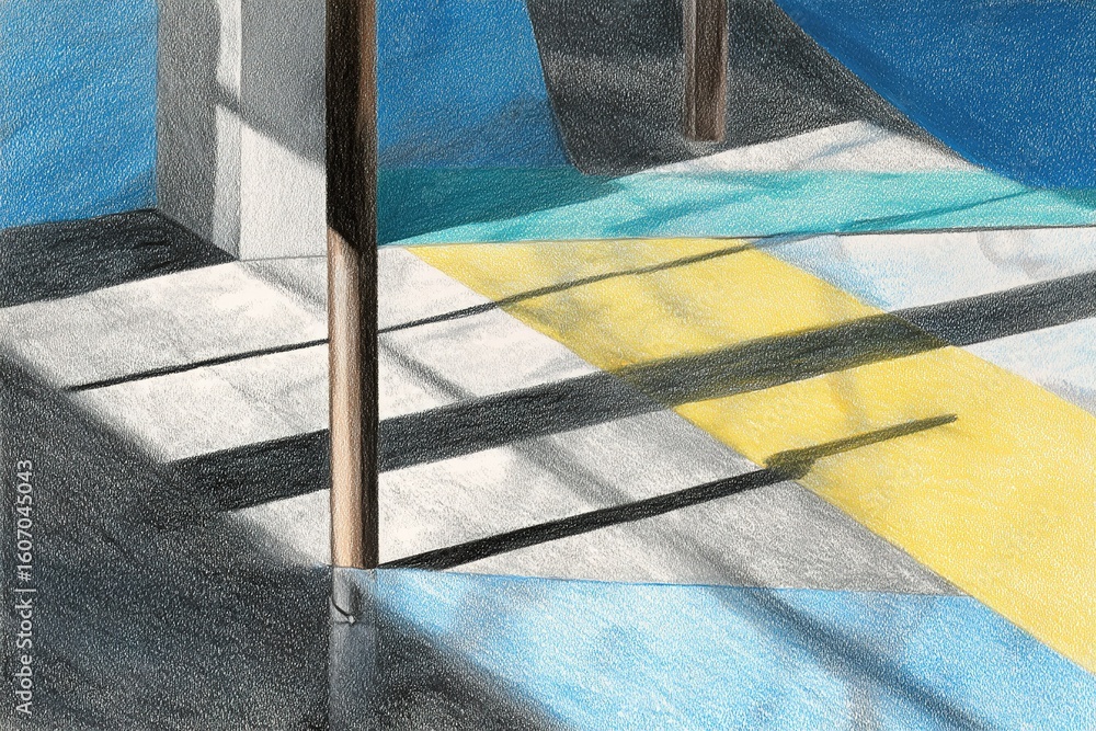 Poster shadows and geometric patterns create an artistic experience in a modern space with vibrant colors a