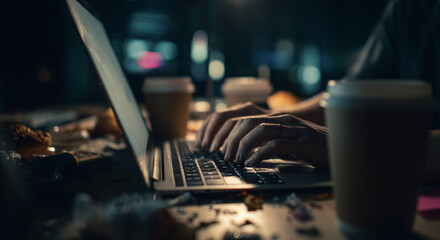 Close-up of Realistic Hands Typing on Laptop During Late-Night Coding Session with Coffee Cups and Snacks in a Dimly Lit Hackathon Workspace