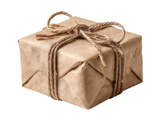 Square package wrapped in natural brown paper and tied with twine