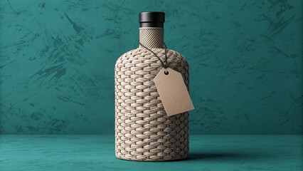 Bottle wrapped in textured knit cozy with blank tag isolated on white background