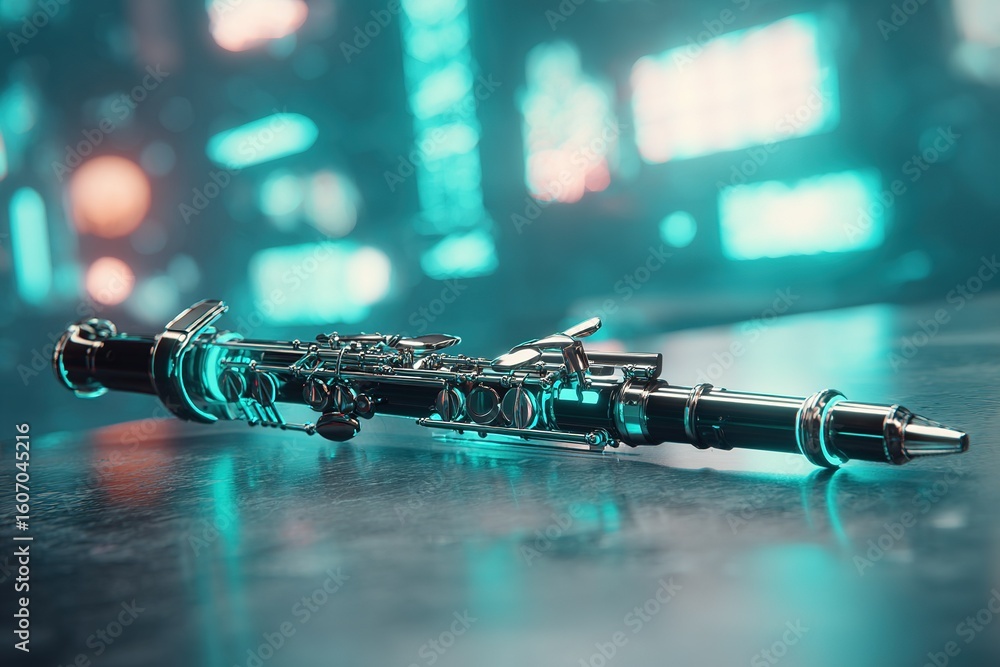 Poster detailed view of a shiny clarinet resting on a reflective surface in a vibrant environment