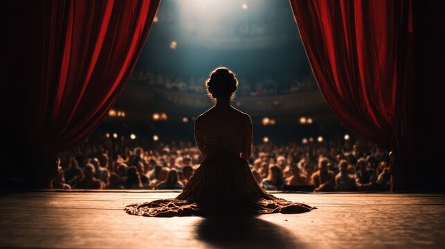 Actress sitting on stage, spotlight casting dramatic silhouette against theater's red curtains and expansive audience backdrop