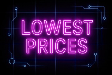 Neon-style sign with the words "Lowest Prices" in bright pink against a dark background, accented with circuit-like blue lines, evoking a modern digital aesthetic.