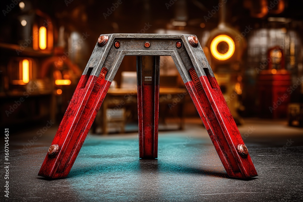 Aufkleber unique industrial style table with red and silver accents in a workshop setting illuminated by warm 