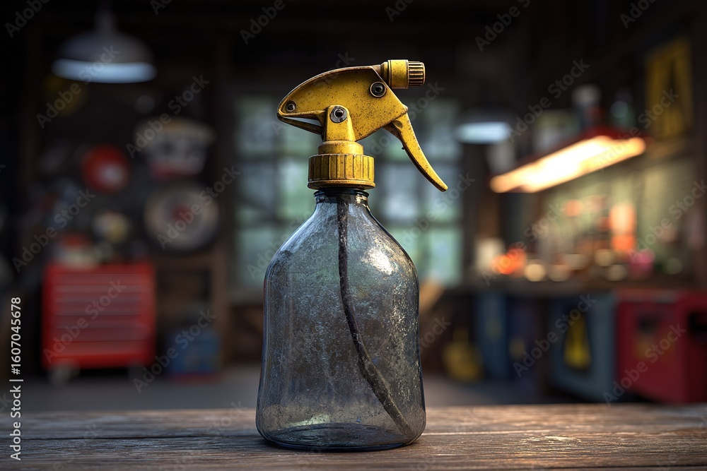 Aufkleber vintage spray bottle resting on a workbench in a rustic workshop with warm lighting and tools in the
