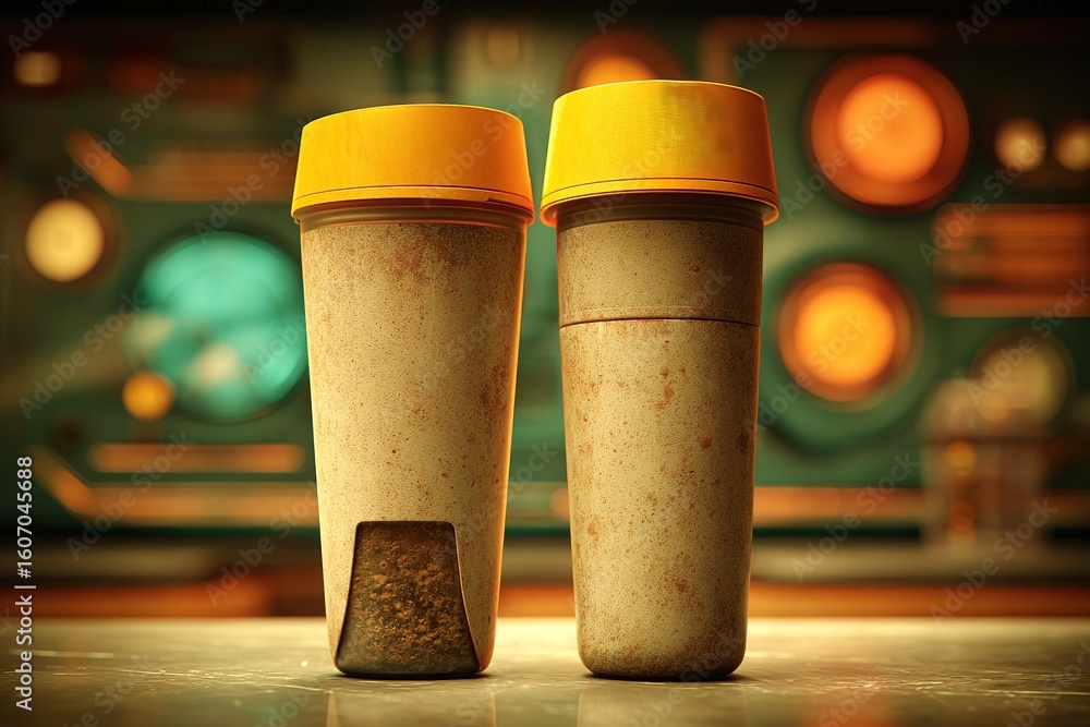 Poster unique design of two textured cups with vibrant lids displayed against a colorful background in a cr