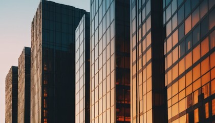 Towering Heights: A stunning shot of skyscrapers reaching towards a bright blue sky, reflecting the colors of the setting sun, and evoking a sense of power, ambition, and the fast pace of modern life.