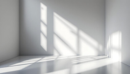 Fototapeta premium Empty room corner with sunlight shadow overlay on white wall and floor, minimalist interior design background