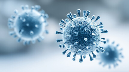 Virus cells under a microscope on a blue background.