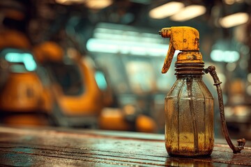 Rusty oil sprayer on a workbench in a cluttered industrial workshop with bright lighting