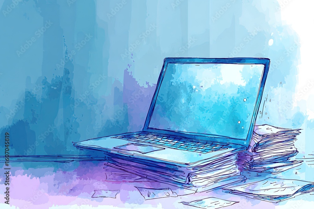 Poster laptop sits on desk surrounded by stacks of papers with a colorful abstract background in a modern w