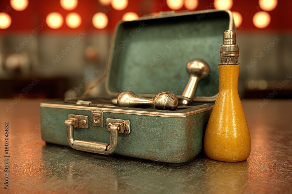 Aufkleber vintage toolbox with weights and a yellow condiment bottle on a countertop in a casual setting
