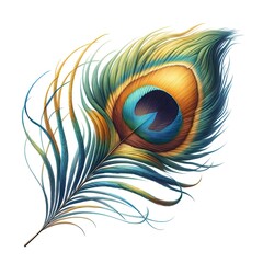Vibrant peacock feather illustration with eye-spot detail and iridescent colors
