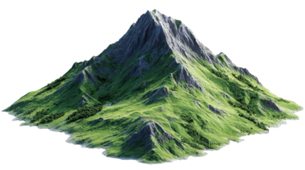 Photorealistic 3d rendering depicting verdant mountain peak rising dramatically from grassy landscape, transparent background enabling versatile design integration