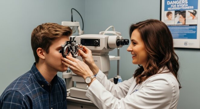 optometrist conducting examination on young man using phoropter in clinic. healthcare and vision assessment. print design, medical poster. national eye exam month - Powered by Adobe