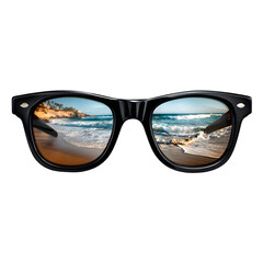 Sunglasses reflect beach scene. Vacation daydream or eyewear ad/marketing use